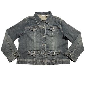 Chico's Platinum Blue Denim Long Sleeve Collared Button Front Jean Jacket Size 2